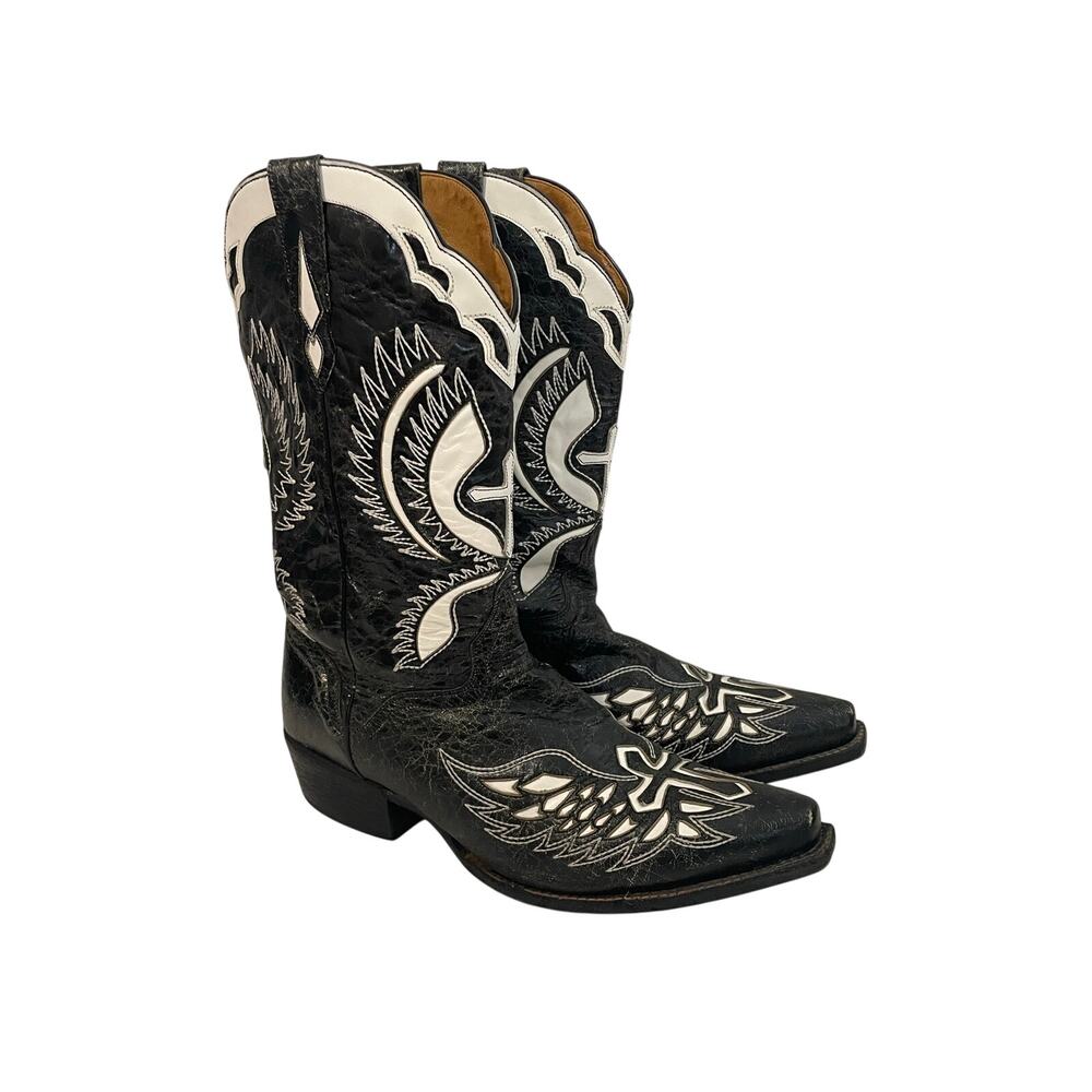 JB Dillon Men's Western Cowboy Boots Black White Eagle Cross Inlay Size 11.5 EE